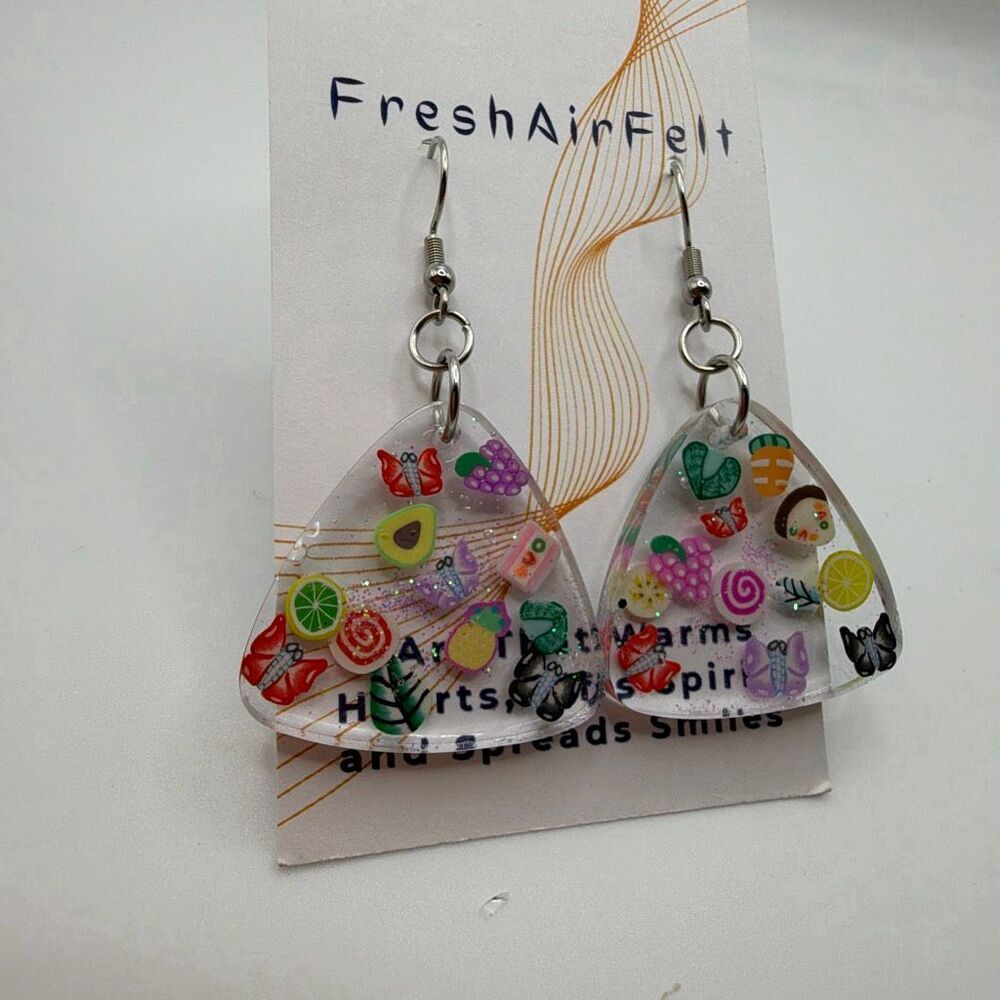 Fruit & butterfly sparkle Unique hand crafted Resin Stainless drop steel earring - Picture 2 of 3